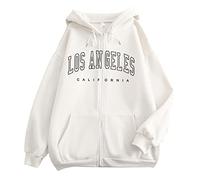 Sudaderas Mujer Con Cremallera, Sudadera Mujer Con Capucha De Los Ángeles Letras Impreso Moda Suelto Manga Larga Casual Abrigo Deporte Bolsillos Y Cordón Hip Hop Simple Cómodos Color Sólido Hoodie
