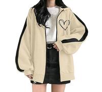 Sudaderas Mujer Cremallera, Sudadera con Capucha Mujer Talla Grande con Cremallera Negra Estampado Corazón Hoodie Abrigo Bolsillos Y Cordón Moda Salvaje Color Sólido Manga Larga Suelto Chaqueta