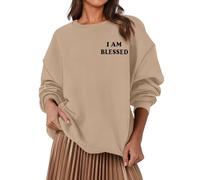 Sudaderas para mujer con cuello redondo "I Am Blessed, sudadera de manga larga para mujer, para otoño e invierno, cómoda, casual, a la moda, caqui, XL