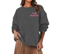 Sudaderas para mujer con cuello redondo "I Am Blessed, sudadera de manga larga para mujer, para otoño e invierno, cómoda, casual, a la moda, gris oscuro, XXL