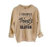 Sudaderas para mujer con texto en inglés "I Tolerate A Lot Of Things But Not Gluten", cuello redondo, manga larga, sudadera moderna para otoño e invierno, informal, cómoda, caqui, M