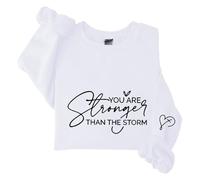 Sudaderas para mujer con texto en inglés "You Are Stronger Than The Storm" de manga larga con cuello redondo para mujer, sudadera de moda casual de invierno, cómoda para otoño, blanco, M