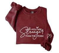 Sudaderas para mujer con texto en inglés "You Are Stronger Than The Storm" de manga larga con cuello redondo para mujer, sudadera de moda casual de invierno, cómoda para otoño, Vino, XXL