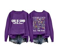 Sudaderas para mujer God Is Good All The Time Floral cuello redondo manga larga mujer sudadera invierno otoño moda casual cómodo suéter, Morado (, S