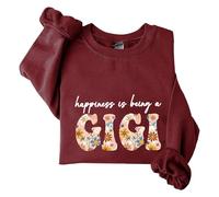 Sudaderas para mujer Happiness Is Being A Gigi Floral de manga larga con cuello redondo para mujer, sudadera de moda casual de invierno cómoda para otoño, Vino, S