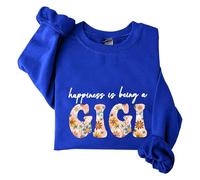 Sudaderas para mujer Happiness Is Being A Gigi Floral de manga larga con cuello redondo para mujer, sudadera de moda casual de invierno cómoda para otoño, azul, L