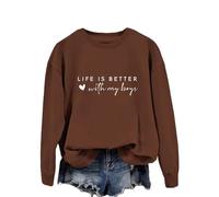 Sudaderas para mujer Life Is Better With My Boys, sudadera de manga larga con cuello redondo para mujer, sudadera de invierno cómoda para otoño, café, S