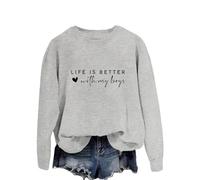 Sudaderas para mujer Life Is Better With My Boys, sudadera de manga larga con cuello redondo para mujer, sudadera de invierno cómoda para otoño, gris, L