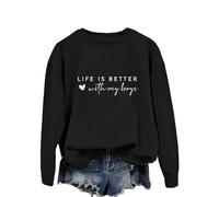 Sudaderas para mujer Life Is Better With My Boys, sudadera de manga larga con cuello redondo para mujer, sudadera de invierno cómoda para otoño, Negro, M