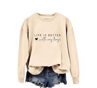 Sudaderas para mujer Life Is Better With My Boys, sudadera de manga larga con cuello redondo para mujer, sudadera de invierno cómoda para otoño, beige, S