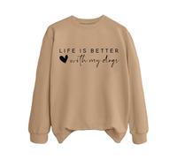 Sudaderas para mujer Life Is Better With My Dogs Dog Mom Cuello Redondo Manga Larga Mujer Sudadera Moda Otoño Casual Pullover Invierno Cómodo, caqui, S