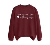 Sudaderas para mujer Life Is Better With My Dogs Dog Mom Cuello Redondo Manga Larga Mujer Sudadera Moda Otoño Casual Pullover Invierno Cómodo, Vino, S