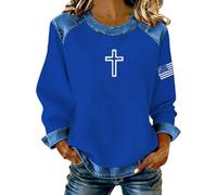 Sudaderas sin capucha para mujer, de tela vaquera, de moda, con retazos, cristiana, religiosa, fe Jesús, con gráficos, de gran tamaño, punto gofre, cosidas, camisa vaquera para salir de primavera