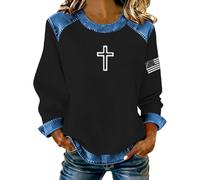 Sudaderas sin capucha para mujer, de tela vaquera, de moda, con retazos, cristiana, religiosa, fe Jesús, con gráficos, de gran tamaño, punto gofre, cosidas, camisa vaquera para salir de primavera
