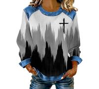 Sudaderas sin capucha para mujer, de tela vaquera, de moda, con retazos, cristiana, religiosa, fe Jesús, con gráficos, de gran tamaño, punto gofre, cosidas, camisa vaquera para salir de primavera