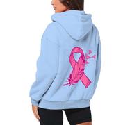 Sudaderas térmicas con forro polar para mujer, con cremallera, gruesas, con capucha, de manga larga, con cordón, casual, para concienciación sobre el cáncer de mama, ajuste holgado, azul celeste, XL