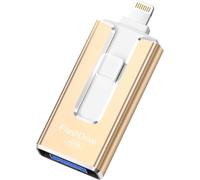 SUDEHO MFi Certified - Memoria USB 3.0 USB 3.0 para iPhone, 256 GB, 4 en 1, memoria USB 3.0 para almacenar más fotos de vídeo, USB C Flash Drive para iPad/iOS/Android/Mac/PC, color dorado