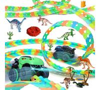Suebah 202P Juego de pista de carreras de dinosaurios luminiscente, circuito flexible de coche de juguete para niños, cumpleaños para niños, niñas y niños pequeños a partir de 3 años
