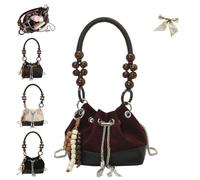 Suede Beaded Drawstring Vintage Bucket Bag,Vintage Crossbody Bag with Chain Strap,Womens Retro Beads Drawstring Handbags (Red)