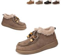 Suede Fur Lined Moccasins for Women with Beaded Casual Keep Warm Penny Loafers Fashion Round Toe Comfort Soft Bottom Cotton Shoes Winter Daily Work Walking Shoes (Khaki,41)