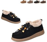 Suede Fur Lined Moccasins for Women with Beaded Casual Keep Warm Penny Loafers Fashion Round Toe Comfort Soft Bottom Cotton Shoes Winter Daily Work Walking Shoes (Black,37)