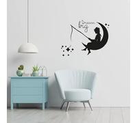 Sueña a lo grande y mona Niña Pesca en la Luna Estrellas de Pesca Decoración de Vinilo Arte de pared Pegatina de pared Hogar Niños Recreativo 43cm X 34cm
