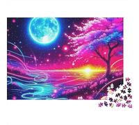Sueño Luna Azul Árbol de Sakura Rosa Puzzle de 1000 Piezas Papel para Adultos Escena Nocturna Fantástica Puzzle para Toda la Familia Relajación Decoración Regalo 52x38cm/1000pcs