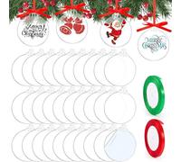 SUEOUX 30 piezas de adornos de Navidad de disco acrílico transparente en forma de bola 8,8 × 7,6 cm con 2 cintas planas para manualidades, disco acrílico en blanco para Navidad, para colgar