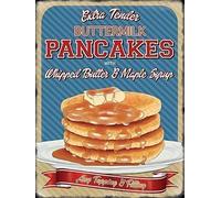 Suero de mantequilla Pancakes con whipped butter y arce jarabe. Cualquier topping y relleno. Americano / Canadiense desayuno. Retro vintage viejo diseño Anuncio 50's. Ideal para casa, hogar, bar, Café, cocina, tienda o pub, B&B o hotel. Metal/Cartel De Acero Para Pared - 15 x 20 cm