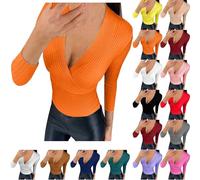 Suéter ajustado de manga larga para mujer, cuello en V, manga larga, sexy, elástico, corte ajustado, informal, camiseta interior estrecha, manga larga, jersey de punto fino, Blanco, L