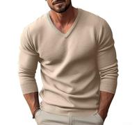 Suéter básico de manga larga con cuello en V para hombre, para ajuste delgado, ropa de punto, camisa de fondo para otoño, invierno, uso diario, color negro (L beige)