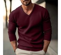 Suéter básico de manga larga con cuello en V para hombre, para ajuste delgado, ropa de punto, camisa de fondo para otoño e invierno, uso diario casual, negro (2XL rojo vino)