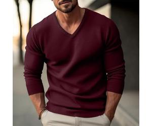 Suéter básico de manga larga con cuello en V para hombre, para ajuste delgado, ropa de punto, camisa de fondo para otoño e invierno, uso diario casual, negro (2XL rojo vino)