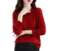 Suéter básico de manga larga con cuello redondo para mujer, 100 % lana merino, jersey de punto, rojo óxido, M