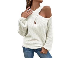Suéter Caliente Mujer De Gran Tamaño,2025 Nuevo Suéter Mujer Chic Y Elegant Velada, Sudaderas Cruzadas Dentadas Suéter Hombros Descubiertos Jersey Manga Bloomer Top Tejido Túnica Sudadera, beige, XL