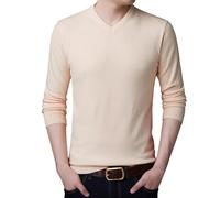 Suéter con cuello en V simple ajustado Camiseta básica de moda de color sólido para hombre ajuste normal íntima cómoda clásica universidad casual elegante cómodo suave básico top, beige, XXL