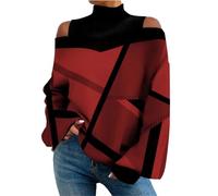 Suéter con hombros descubiertos para mujer, cuello alto, manga larga, ajuste holgado, para uso casual y estilo urbano, camiseta de punto cálido para otoño e invierno, rosso, S