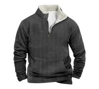 Suéter de algodón con media cremallera y forro polar para hombre, a rayas, cuello alto, casual, sudadera cálida de invierno, suéter de moda, suéter de manga larga, suéter de sherpa, Negro, 4X-Large