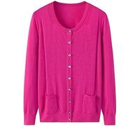 Suéter De Cachemira De Otoño Para Mujer, Cárdigan De Punto De Un Solo Pecho De Color Sólido, Cárdigan Recto De Manga Larga Con Cuello Redondo,Rosa Roja,METRO