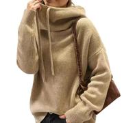 Suéter de cuello alto con cordón para mujer, color liso, cuello redondo, casual, cálido, holgado, para otoño e invierno, caqui, Altoa única