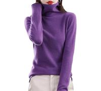 Suéter de cuello alto de lana merina 100% para mujer, color liso, de punto, básico, suave, tops de jersey, Morado (, XXL