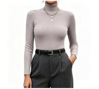 Suéter de cuello alto de punto acanalado para mujer, manga larga, ajuste delgado, color sólido, básico para uso diario, vacaciones, primavera, otoño e invierno (L, rosa morado)
