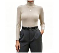 Suéter de cuello alto de punto acanalado para mujer, manga larga, para ajuste delgado, color sólido, básico para jersey para vacaciones diarias, vacaciones, primavera, otoño e invierno (M beige)