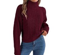 Suéter de cuello alto para mujer, manga larga, trenzado, color puro, informal, sencillo, para invierno (M), granate, M