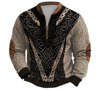 Suéter de Cuello Redondo con Cremallera de un Cuarto de Peso Medio y Forro Polar, con diseño de mitología nórdica. Capa Interior cálida y Suave, Ideal para un Look Casual de Invierno. (Khaki, XXXL)