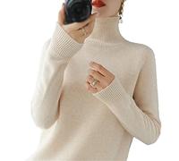 Suéter de Lana de Cachemira de Cuello Alto de Las Mujeres Otoño Invierno de Color sólido Jersey de Punto Femenino Casual básico de Fondo suéter, Beige, L