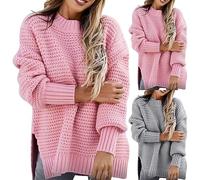 Suéter de lana para mujer de gran malla, suéter cálido para mujer, invierno, talla grande, sudadera, lateral ranurada, suéter de punto versátil, alto casual de color sólido túnica al aire libre diario