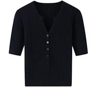 Suéter De Lana100% Cashmere Drawbar Color Sólido Cuello En V Manga Corta Botón Cashmere Media Manga Mujer,Azul Oscuro,L