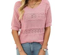 Suéter De Manga Corta De Punto Calado Y Cuello Redondo para Mujer, Tops Holgados Informales De Verano con Cuello Redondo Y Crochet, Conjuntos Casuales De Punto Pointelle (Rosa,L)