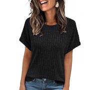 Suéter de manga corta para mujer, casual, para verano, cuello redondo, suéter de punto acanalado, blusa, camisetas, ropa de calle, trajes de verano y primavera, Negro, S